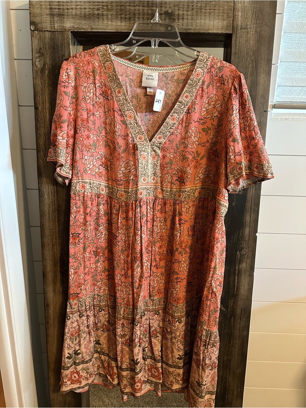 Knox Rose Large Coral Floral Boho Midi Dress V Neck Border Print Peasant